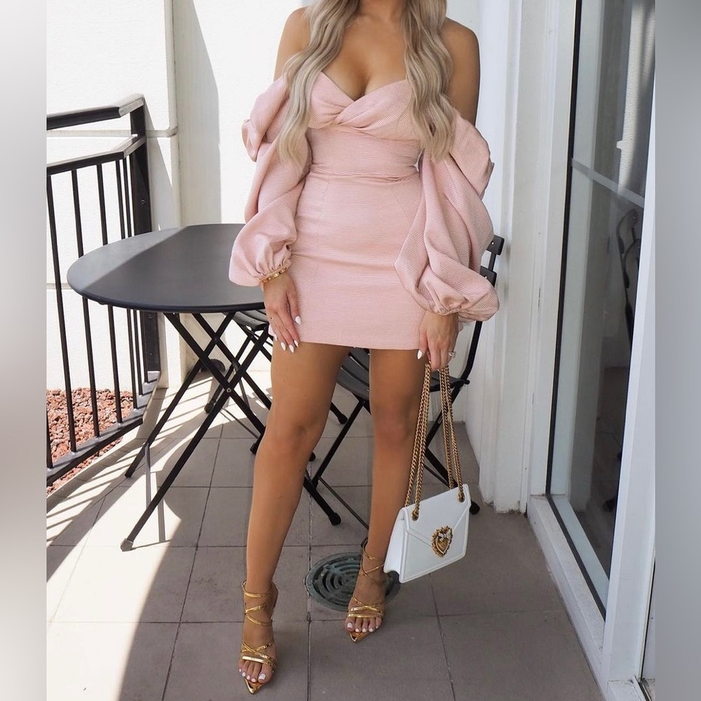 House of CB Aliyah Medium Blush Pink Damask Puff Sleeve Bodycon Mini Dress